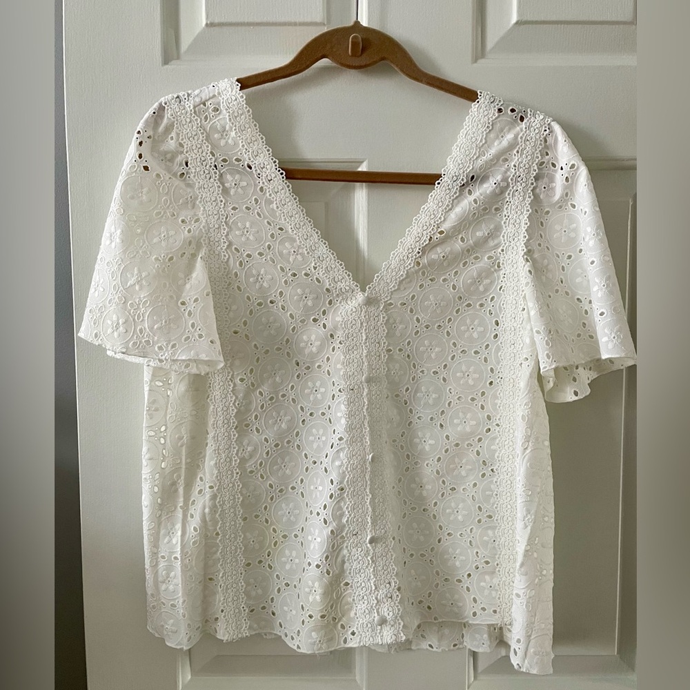 Sezane V Neck White Pointelle Blouse with Buttoned Details